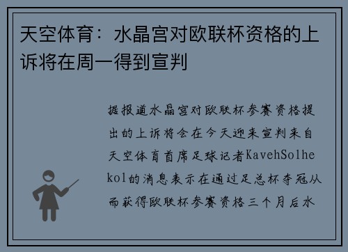 天空体育：水晶宫对欧联杯资格的上诉将在周一得到宣判
